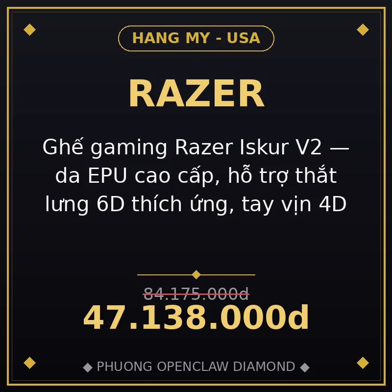 Ghế gaming Razer Iskur V2 — da EPU cao cấp, hỗ trợ thắt lưng 6D thích ứng, tay vịn 4D