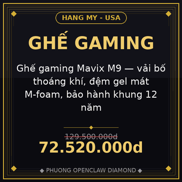 Ghế gaming Mavix M9 — vải bố thoáng khí, đệm gel mát M-foam, bảo hành khung 12 năm