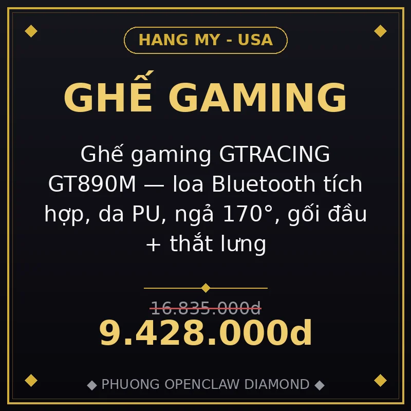 Ghế gaming GTRACING GT890M — loa Bluetooth tích hợp, da PU, ngả 170°, gối đầu + thắt lưng